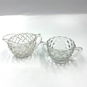Vintage Jeanette Clear Crystal Set Cube Textured Style Sugar & Creamer Dish Tea